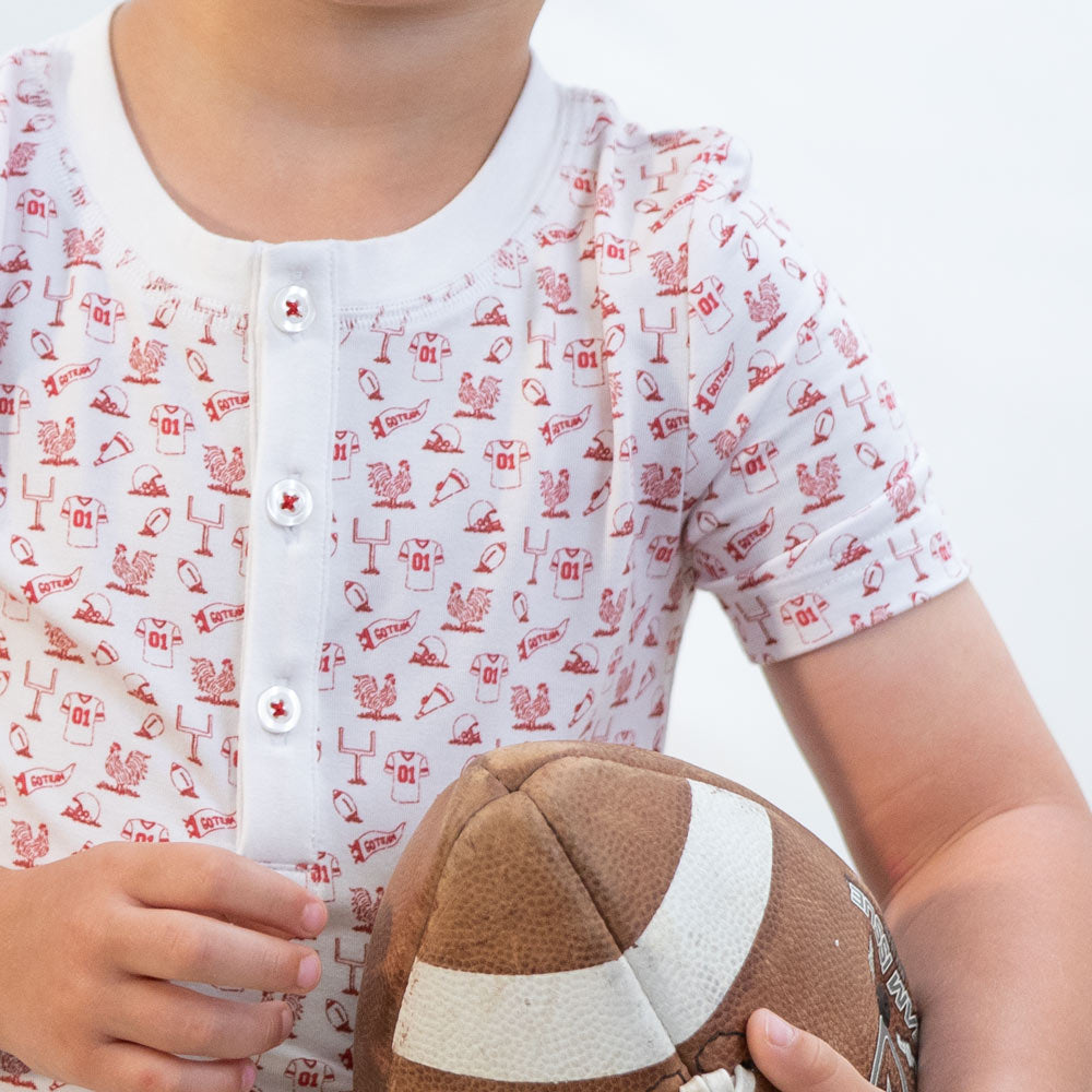 Close up details of Rooster Spirit Bamboo Loungewear