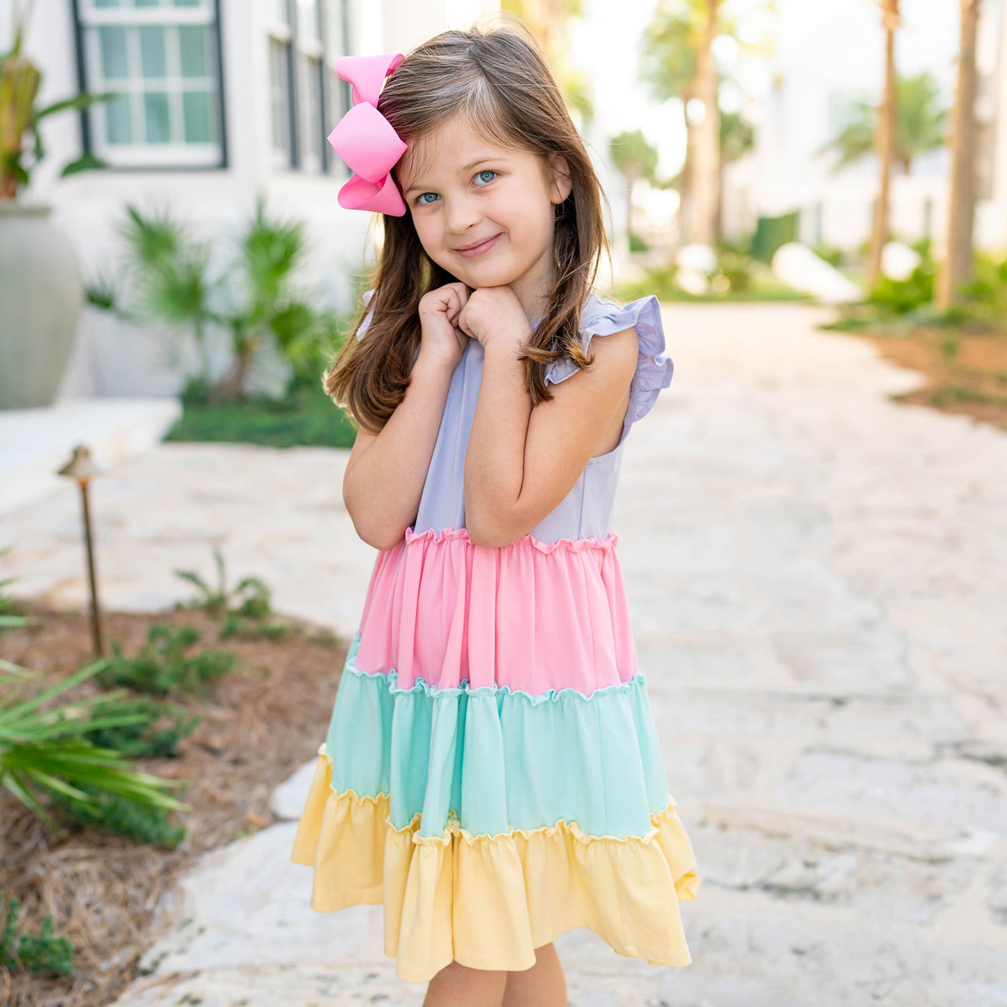 Girls Knit Tier Dress - Rainbow Ruffle