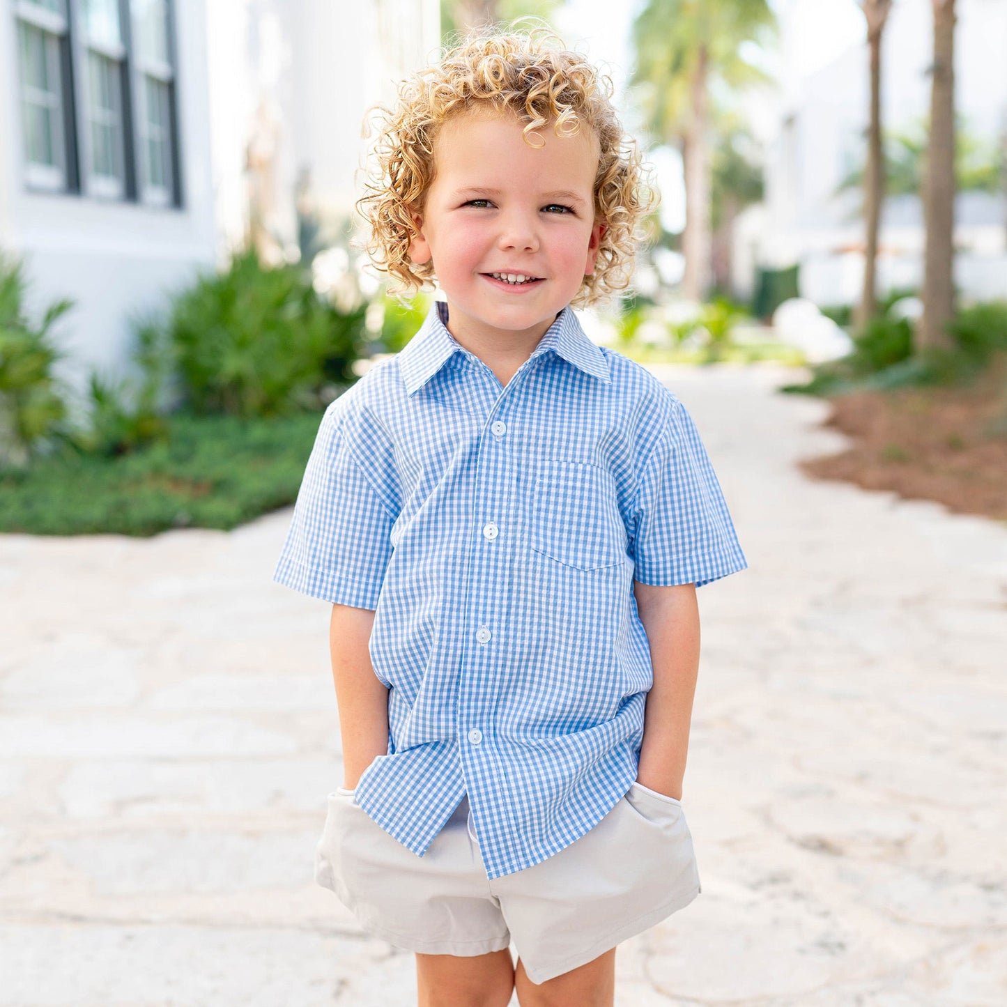 Boys Short Sleeve Button Down - Timeless Blue Check (SAMPLE)