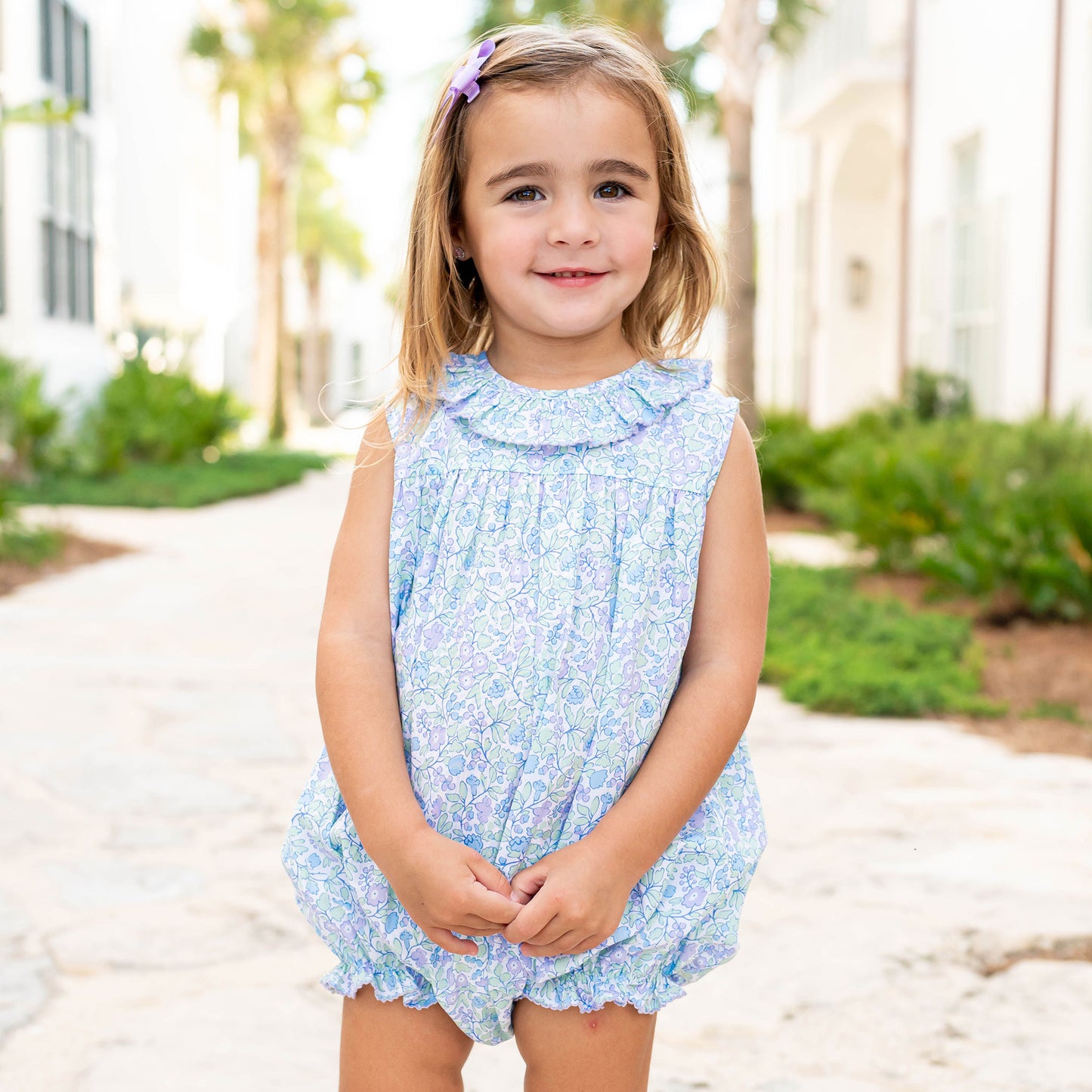 Girls Ruffle Neck Bubble - Lavender Lawn