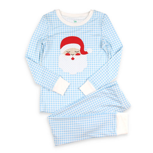 Boys blue gingham bamboo Christmas pajamas with vintage sleepy Santa appliqué