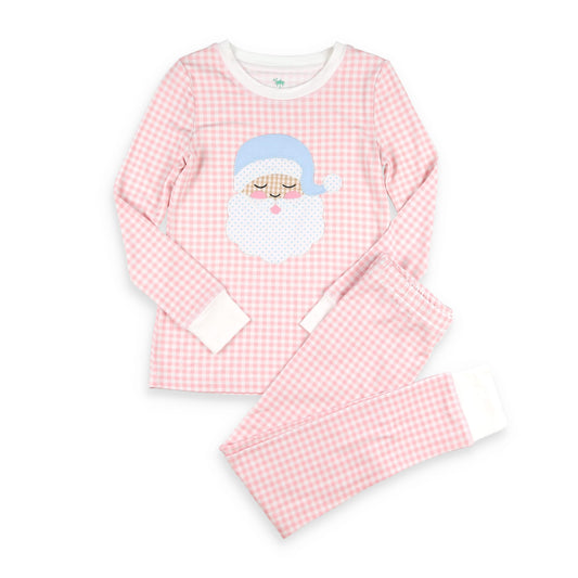Girls pink gingham bamboo Christmas pajamas with vintage sleepy Santa appliqué