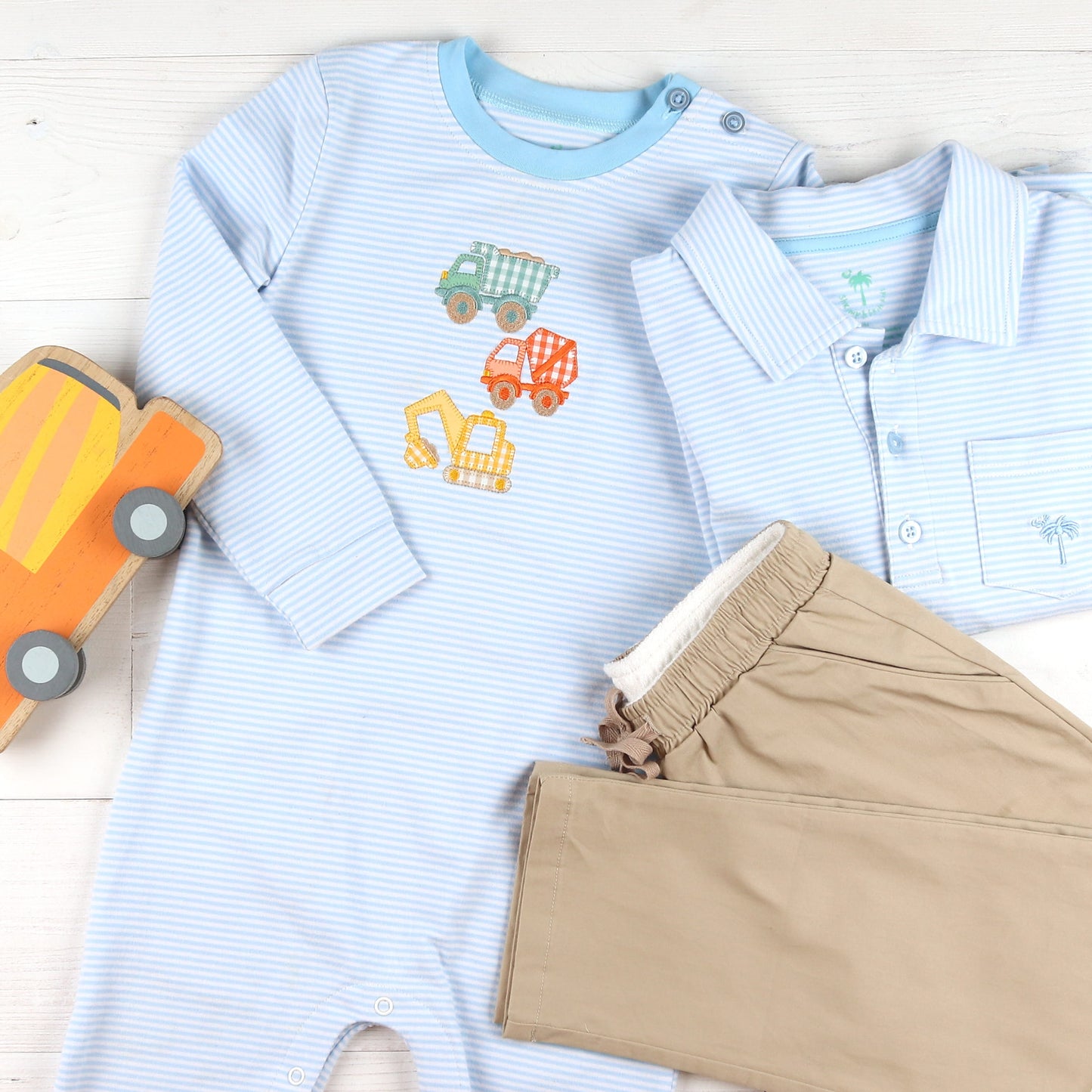 Tough Truck Romper Light Blue Stripe Polo