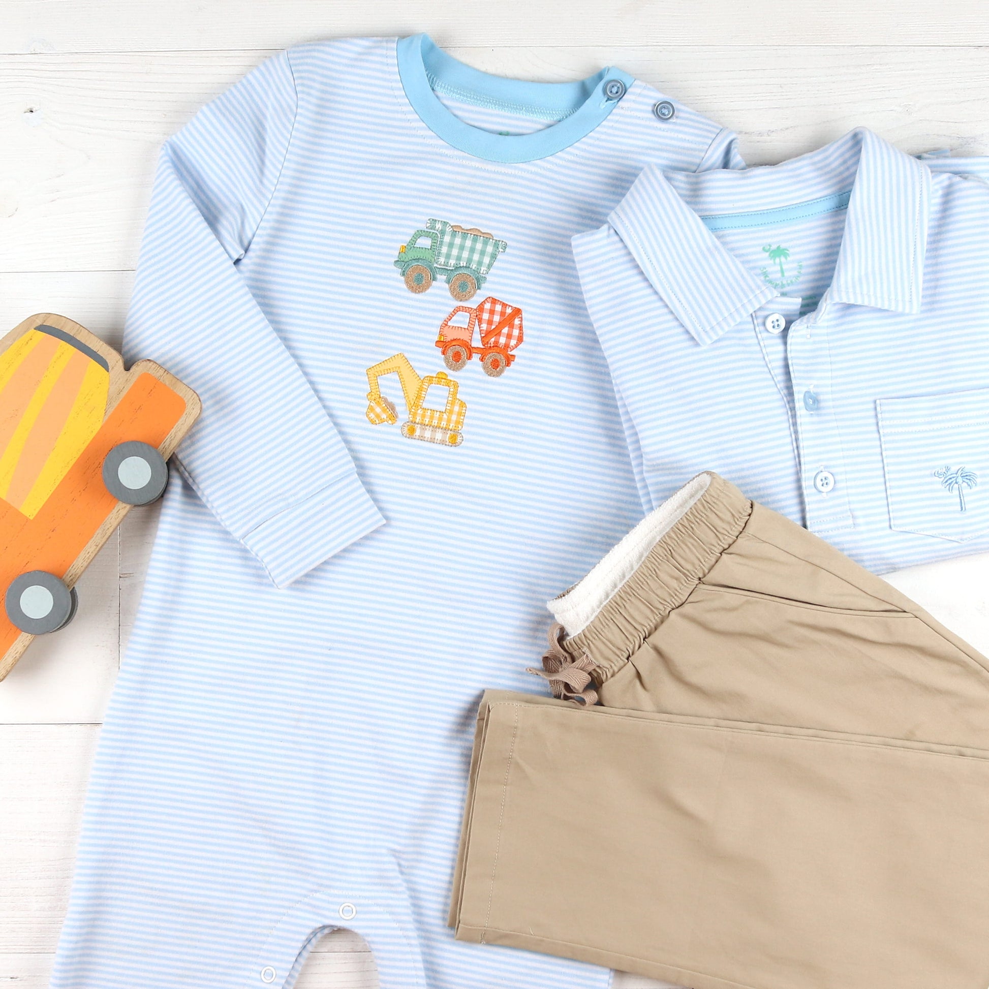 Tough Truck Romper Light Blue Stripe Polo