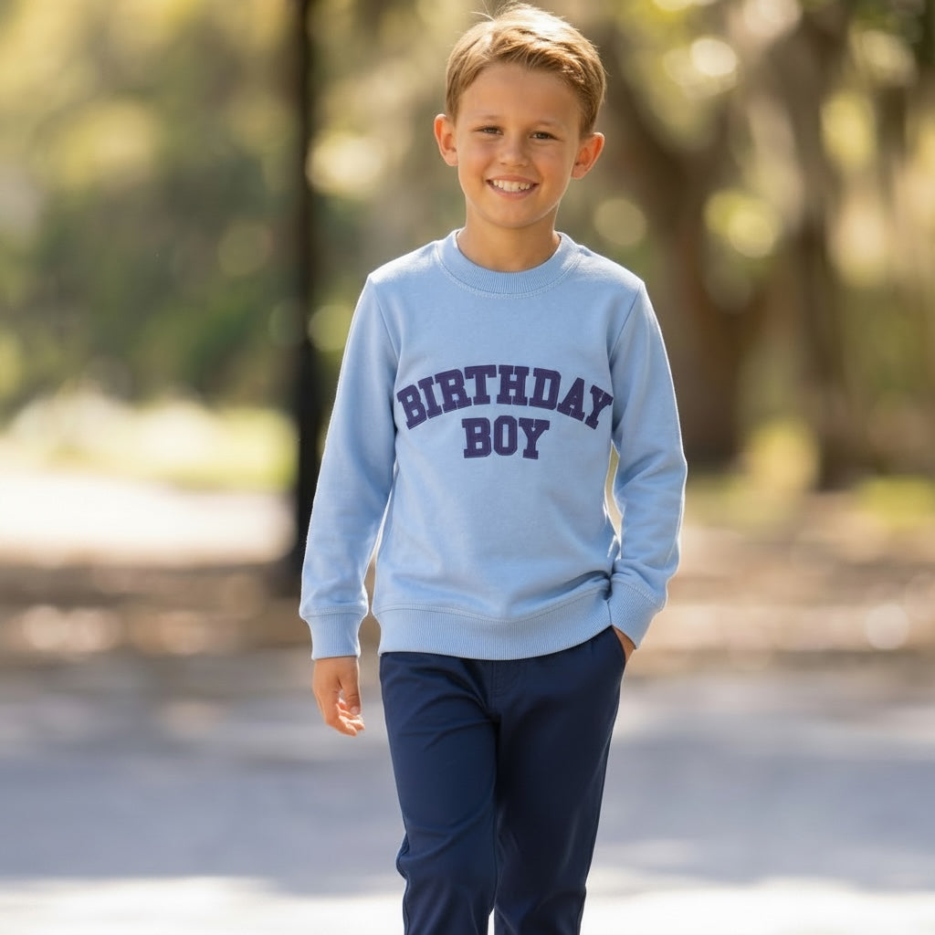 Birthday Boy Sweatshirt in light blue with ribbed trim