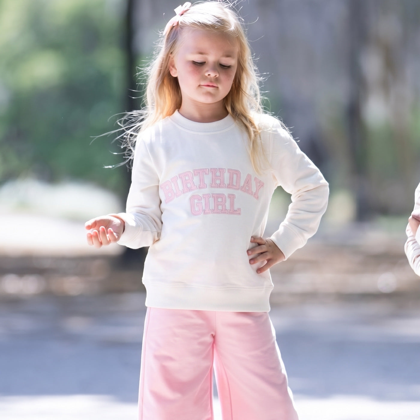Birthday Girl Sweatshirt in white and pink with ribbed trim