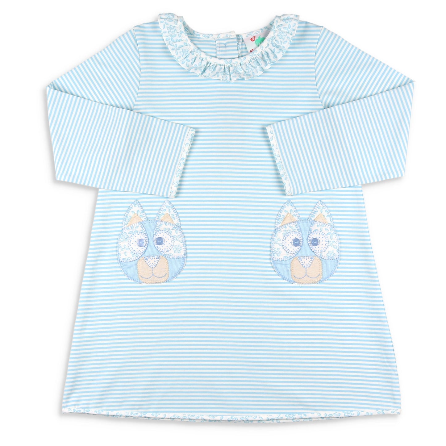 Girls Applique Pocket Dress - Blue Dog