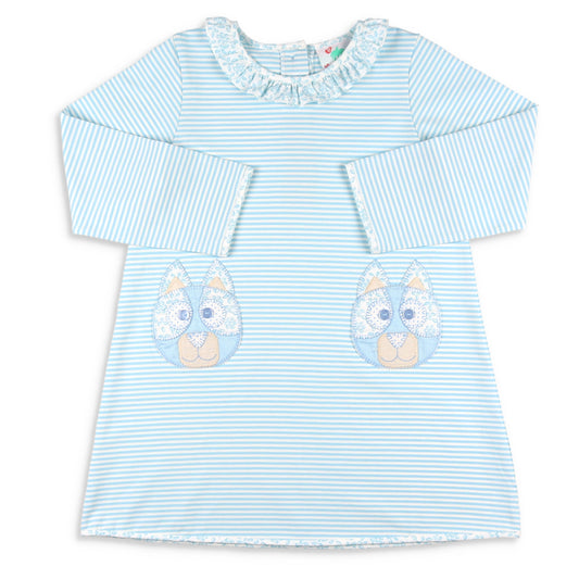 Girls Applique Pocket Dress - Blue Dog