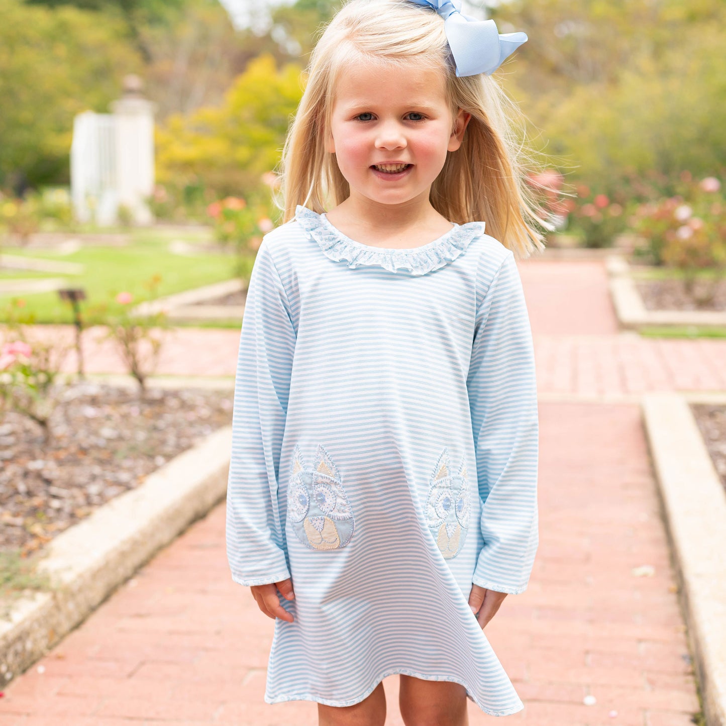 Girls Applique Pocket Dress - Blue Dog