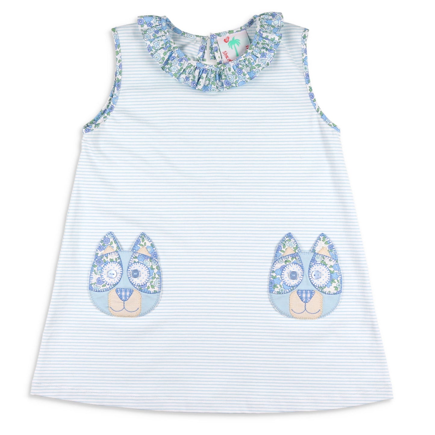 Girls Applique Ruffle Neck Dress - Blue Dog