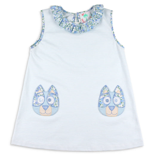 Girls Applique Ruffle Neck Dress - Blue Dog