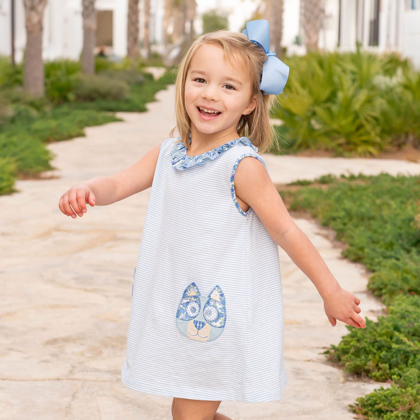 Girls Applique Ruffle Neck Dress - Blue Dog