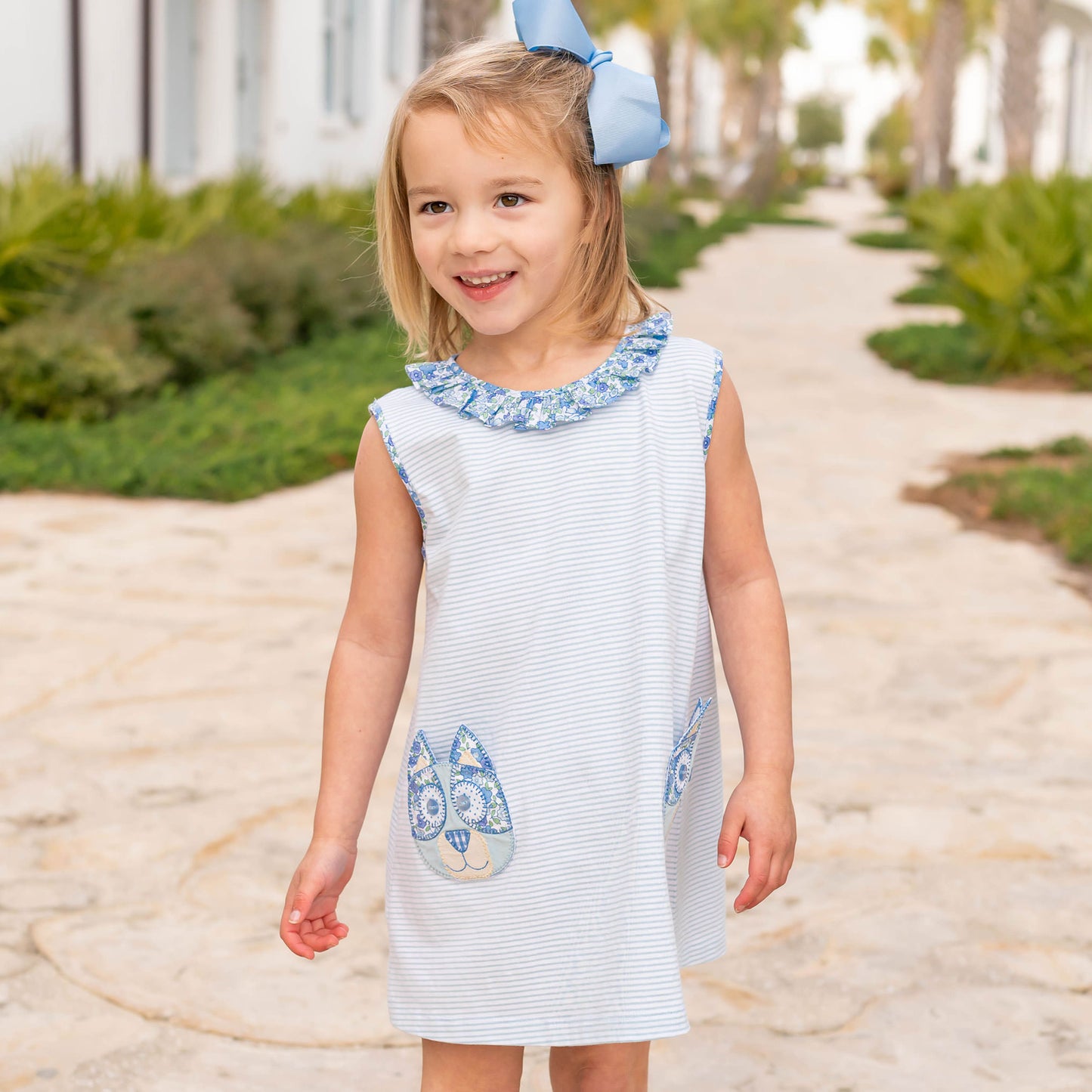 Girls Applique Ruffle Neck Dress - Blue Dog