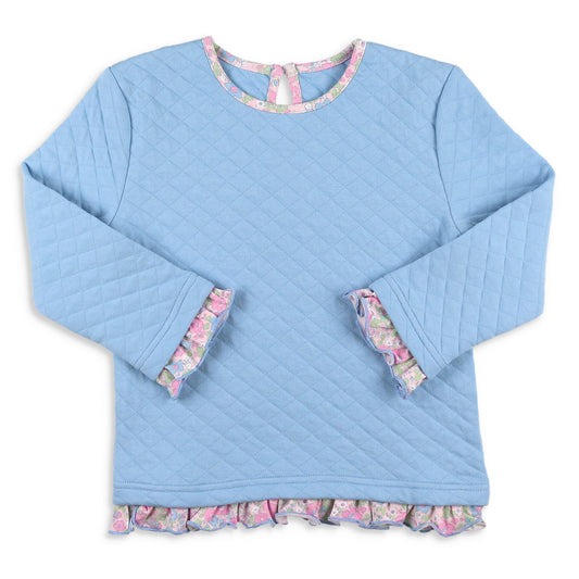 Girls Quilted Ruffle Top - Blue Lagoon