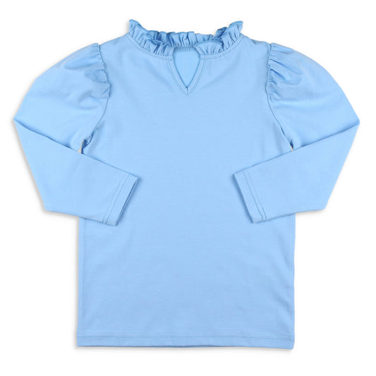 Girls Ruffle Neck Top - Blue Lagoon
