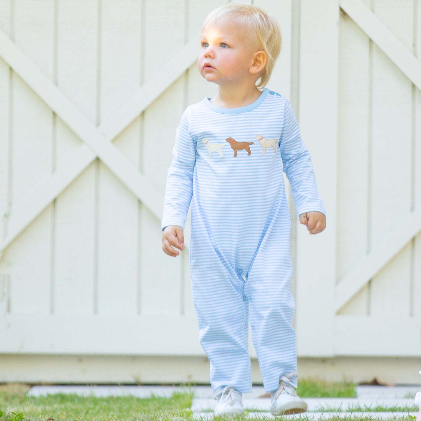 Boys Puppy Romper - Blue Stripe