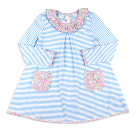 Girls Pocket Dress - Blue Stripe
