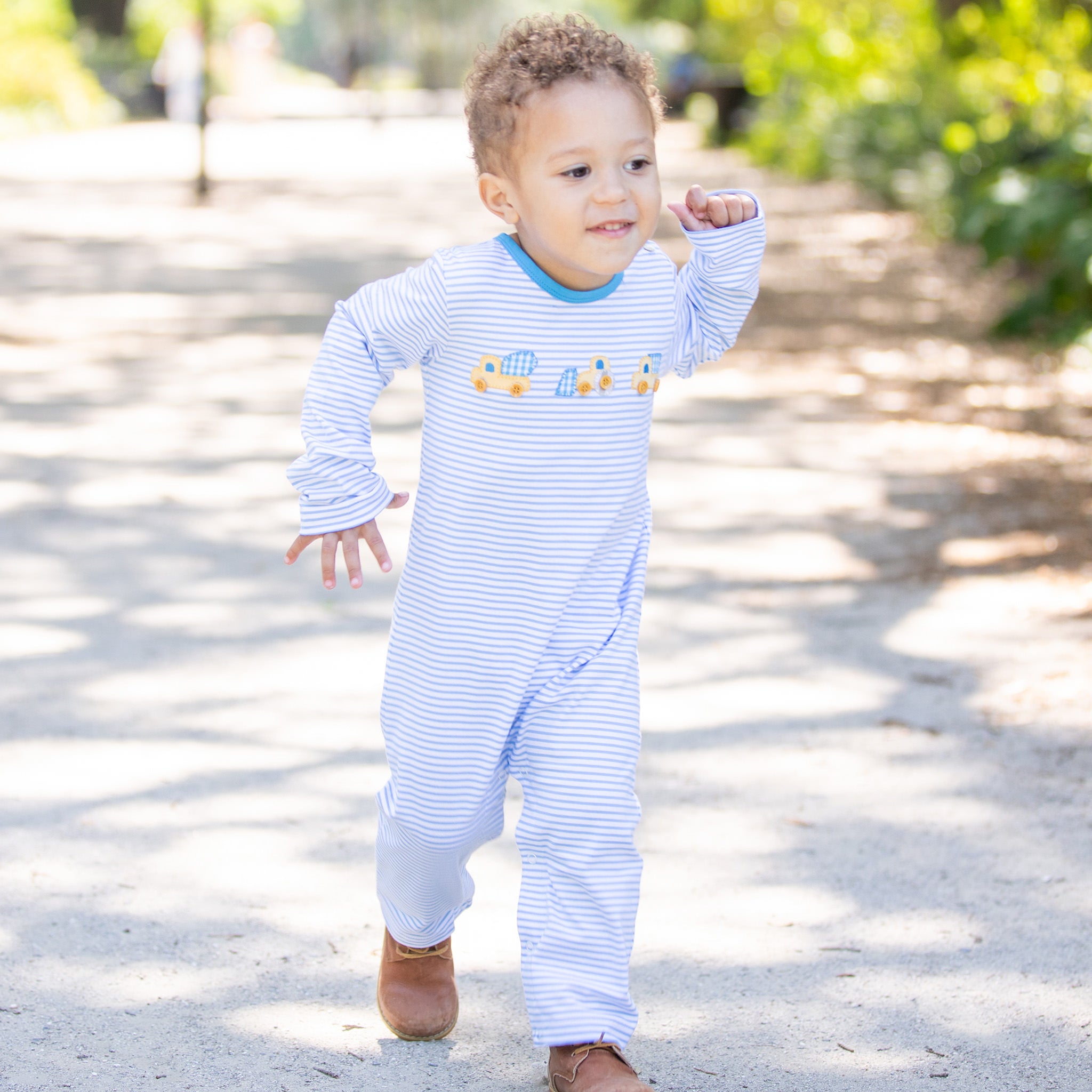 Boys Striped Playsuit Construction Trucks