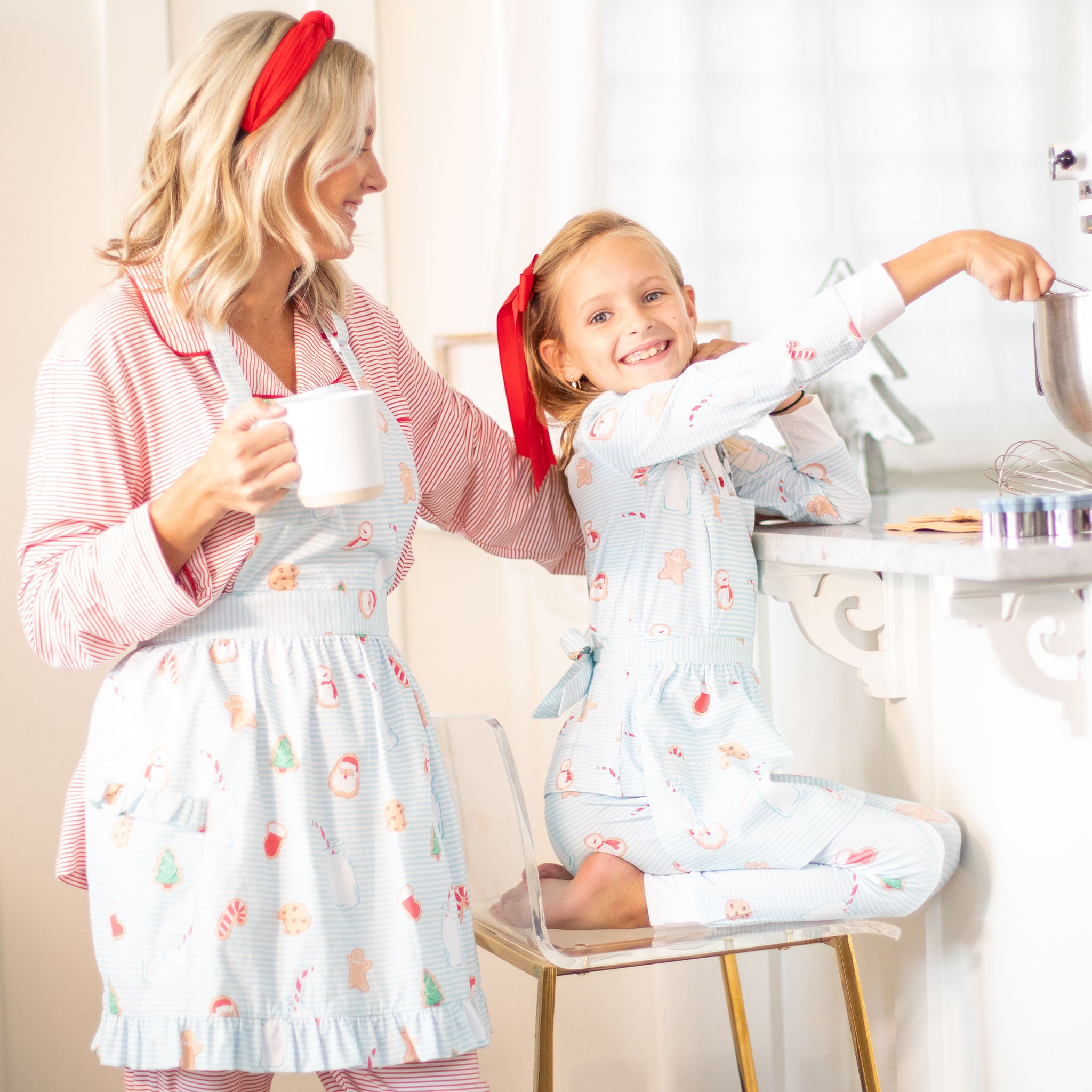 Mother and Daughter Teal and Cream Ruffle Apron Set