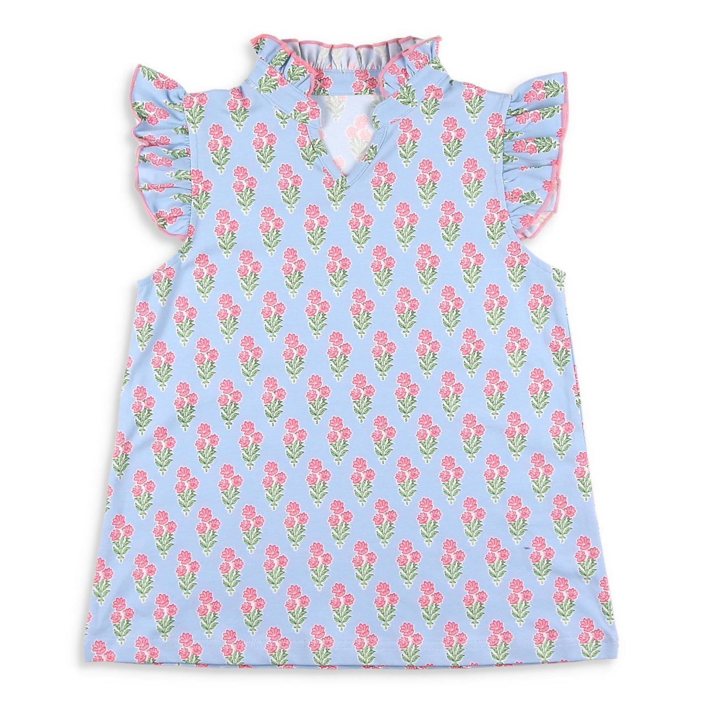 Coral Bouquet Ruffle Neck Top