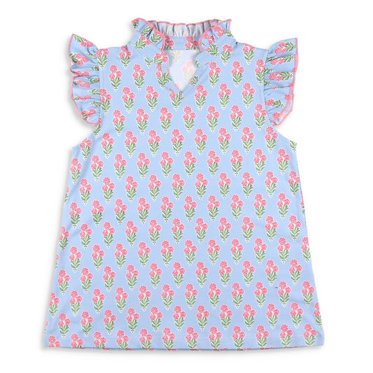 Coral Bouquet Ruffle Neck Top