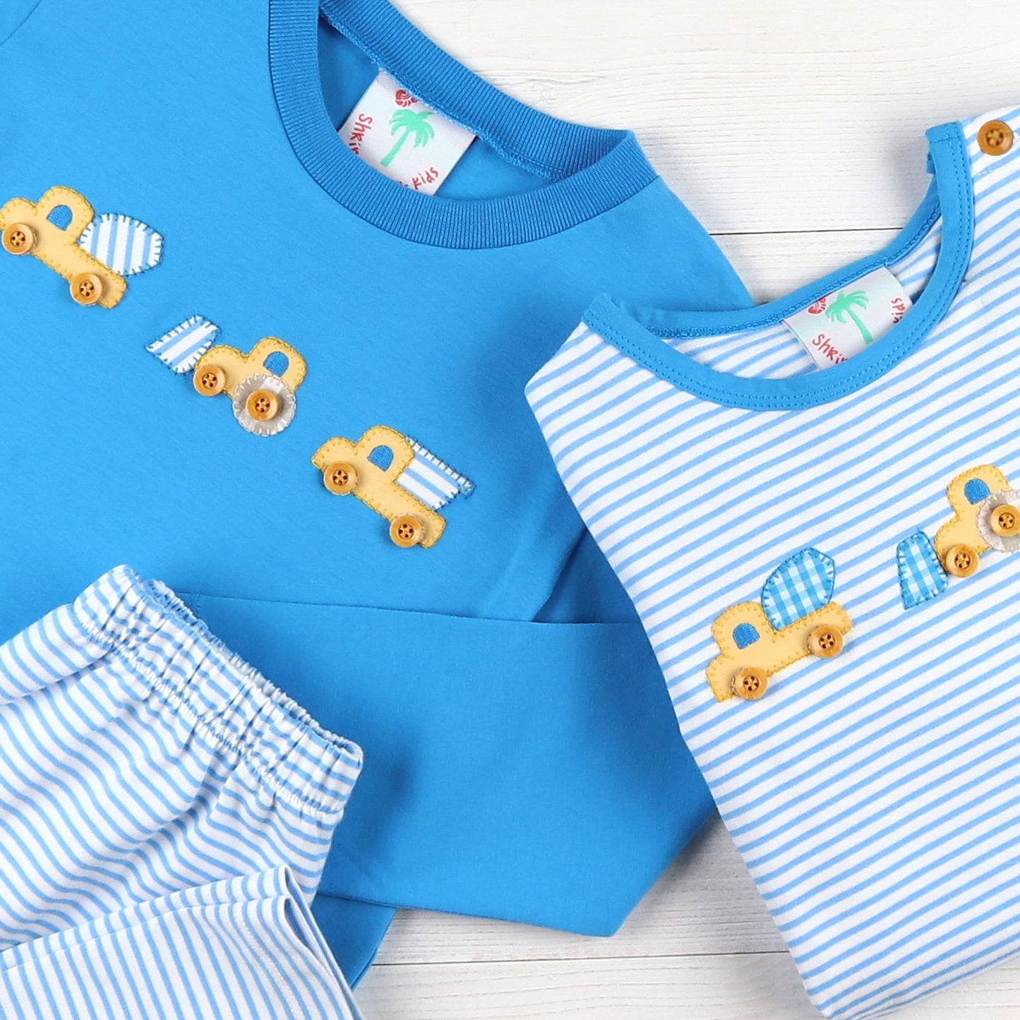 Boys Striped Playsuit - Construction Trucks