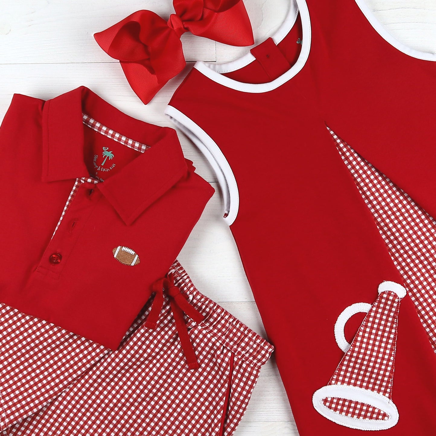 cheer dress for little girl, red boy, polo shirt with football and red and white check shorts