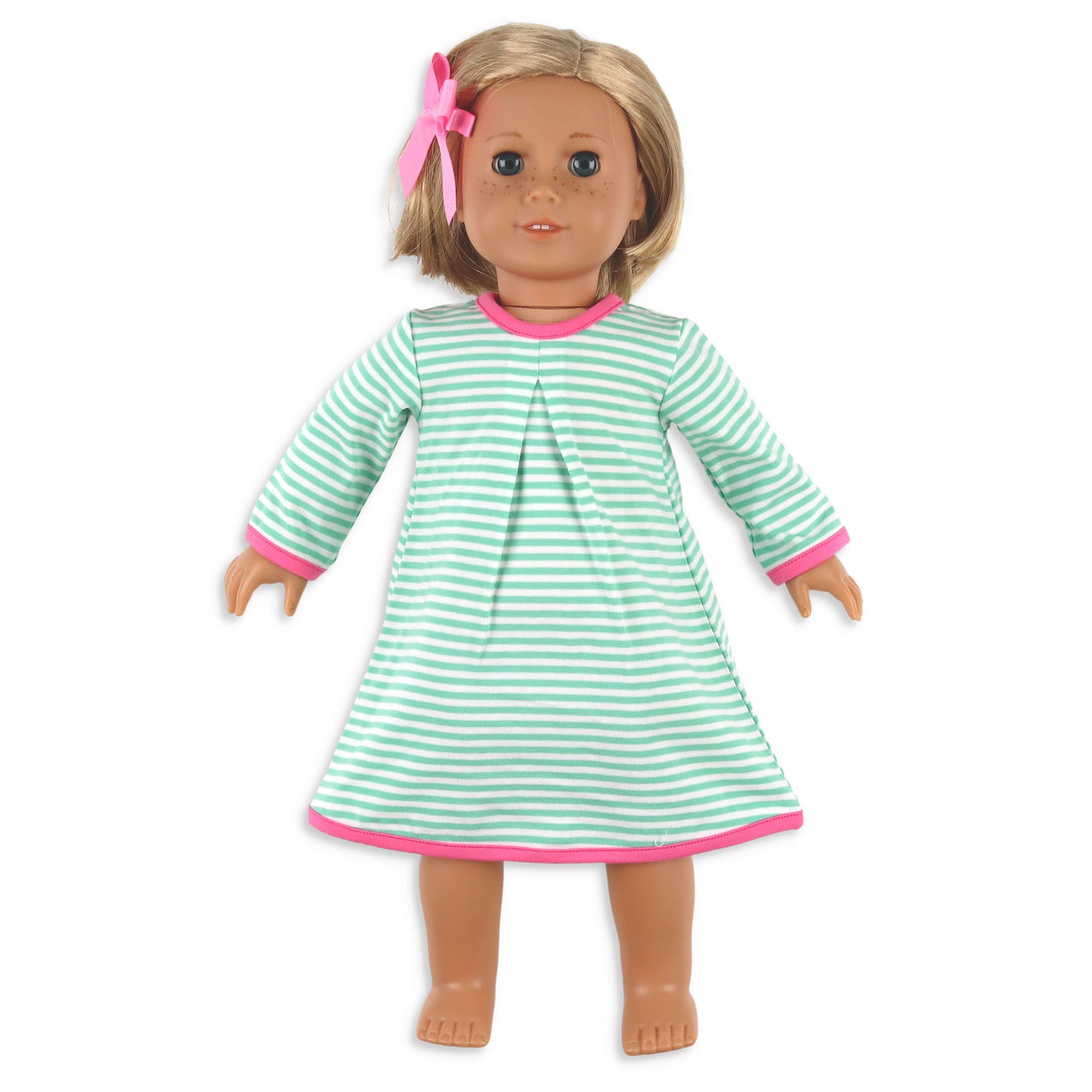 Girls Bow Doll Dress - Green Stripe