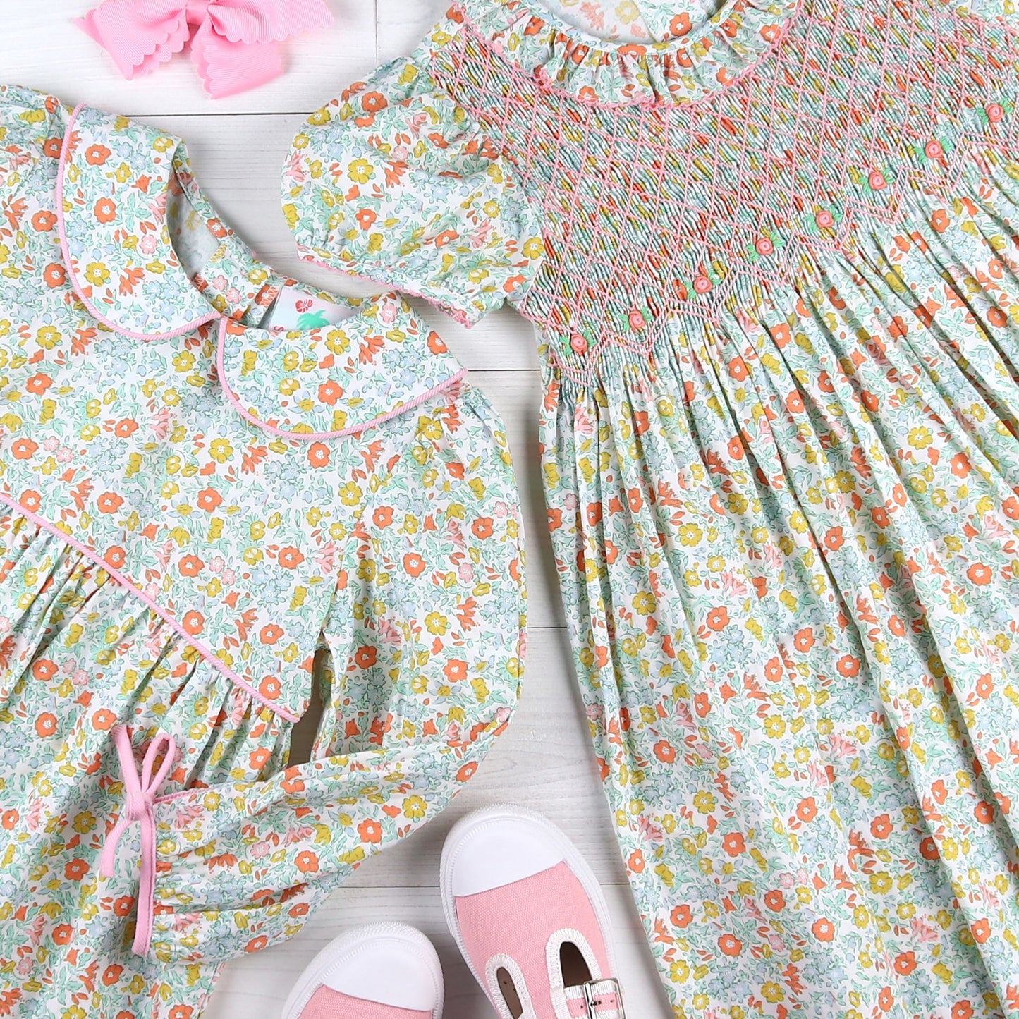 Girls Smocked Charlotte Dress - Honeysuckle