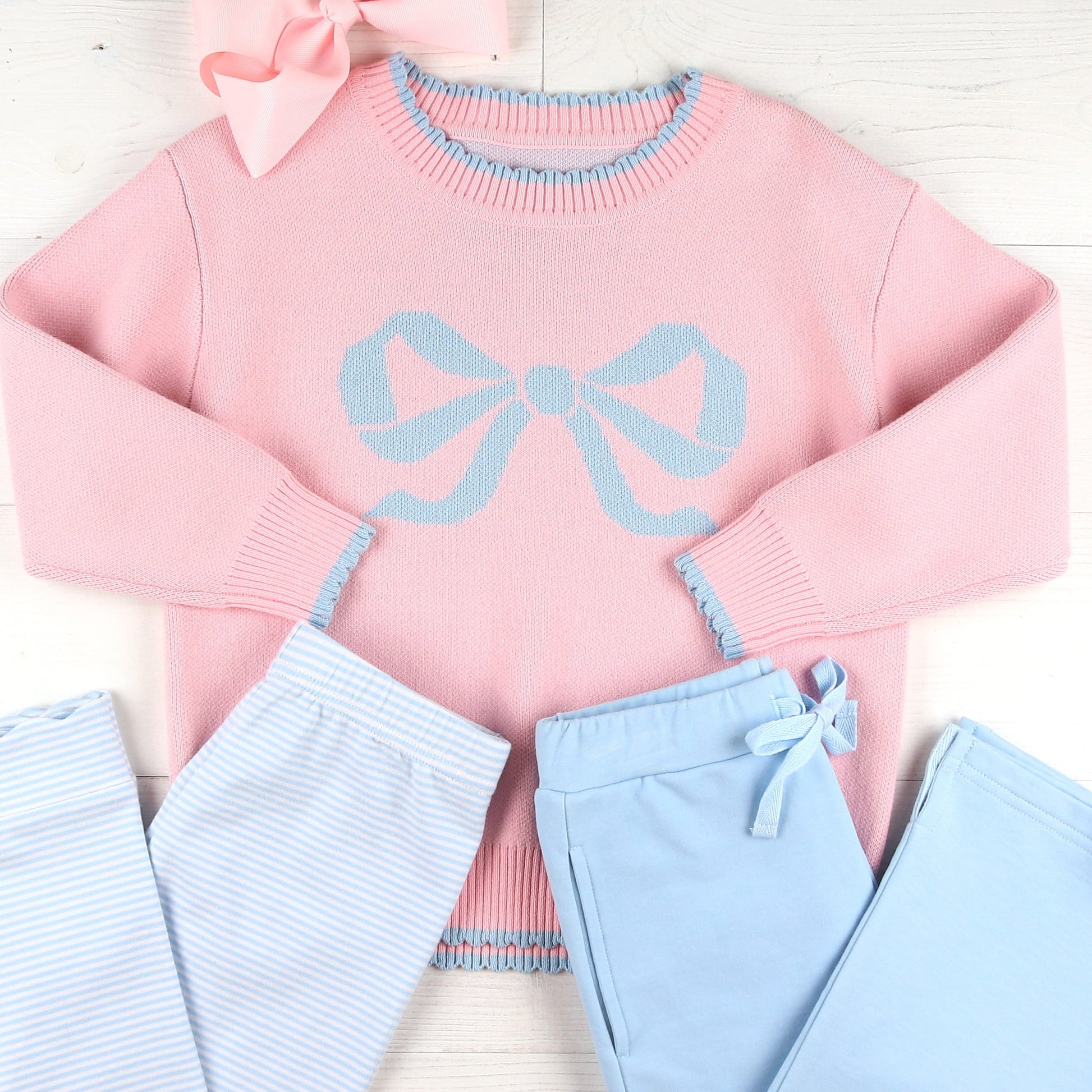Light Blue Stripe Scallop Leggings – Light Blue Striped Scallop Leggings Andblue Bird Poppy Pants Bow Sweater