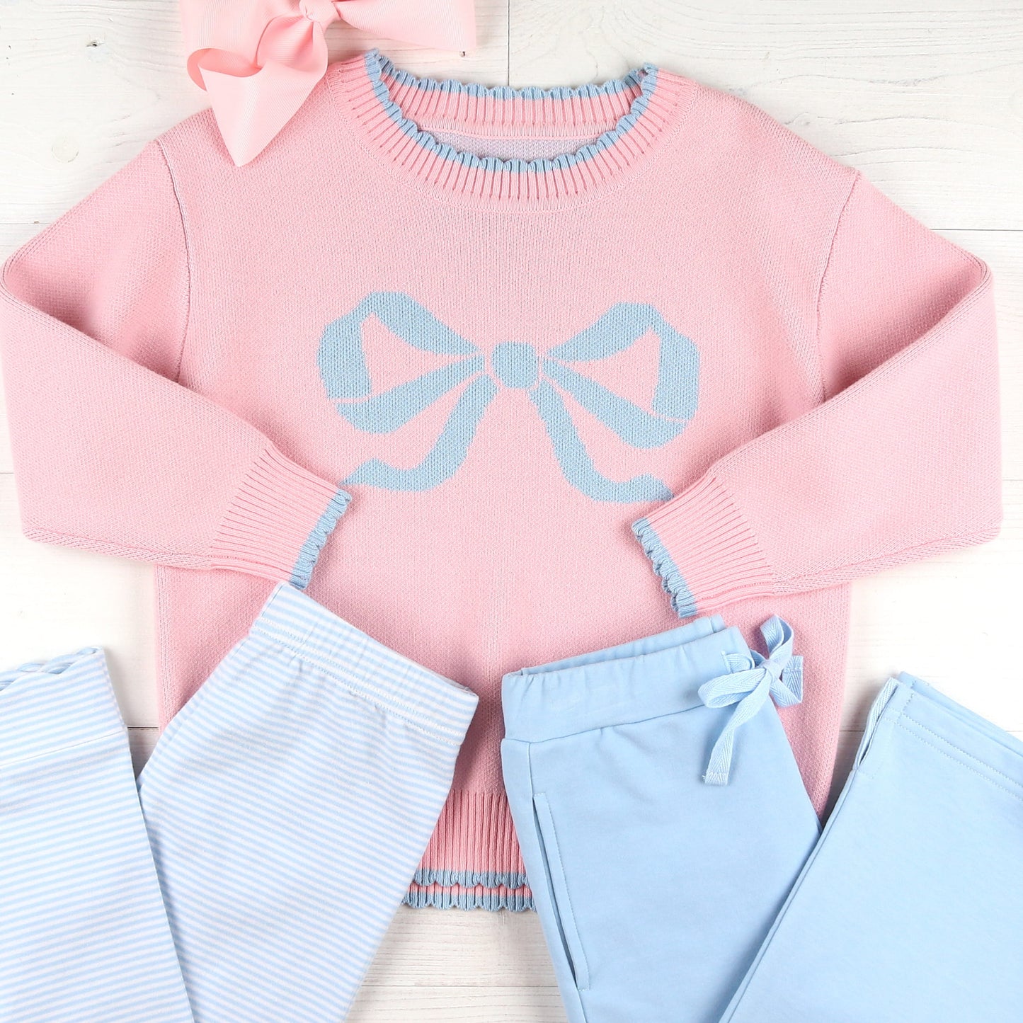 Bluebird Poppy Pants – Light Blue Striped Scallop Leggings Andblue Bird Poppy Pants Bow Sweater