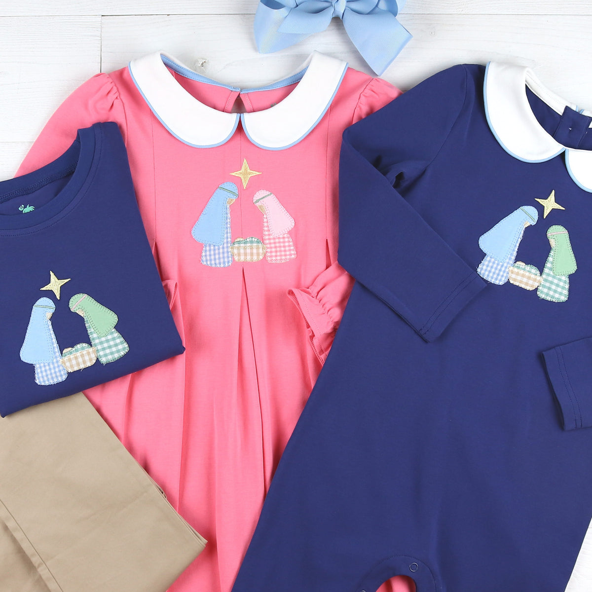 Coordinating Christmas Nativity outfits with boys romper, shirt and girls dress