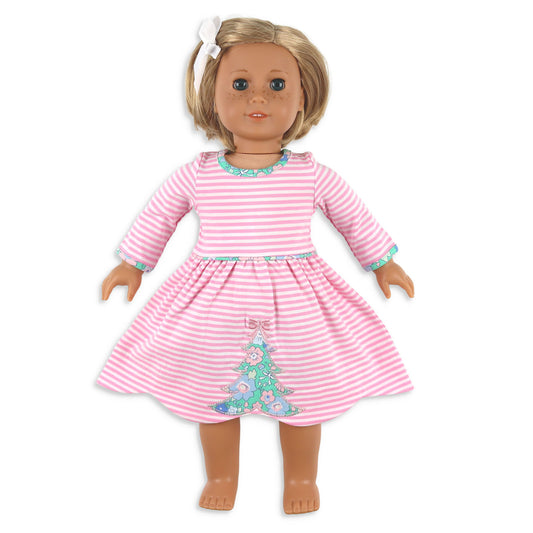 Girls Christmas Tree Doll Dress - Pink Stripe
