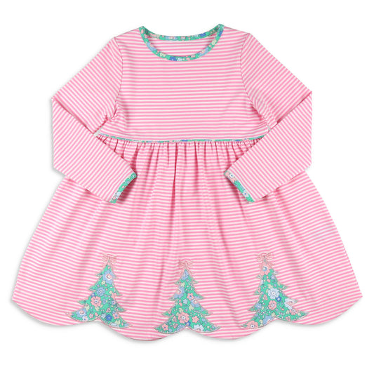 Girls Christmas Tree Dress - Pink Stripe