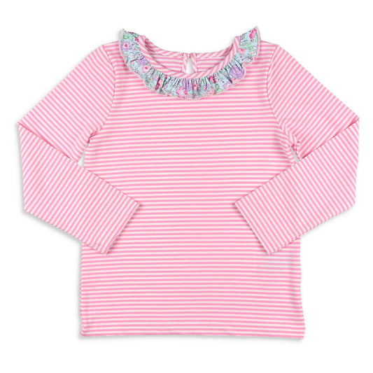 Girls Ruffle Neck Top - Pink Stripe