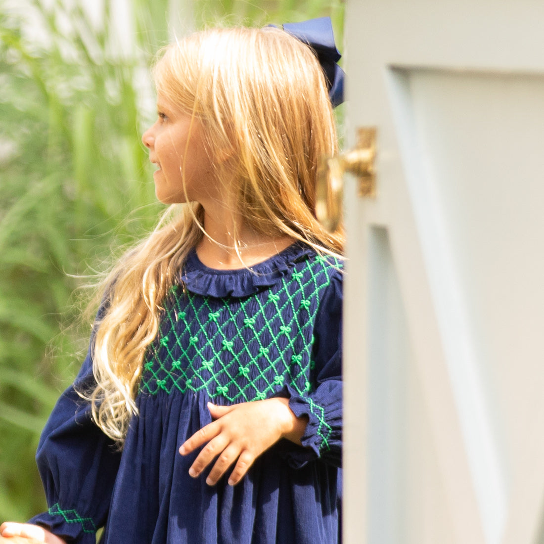 preppy bow smocked dress close
