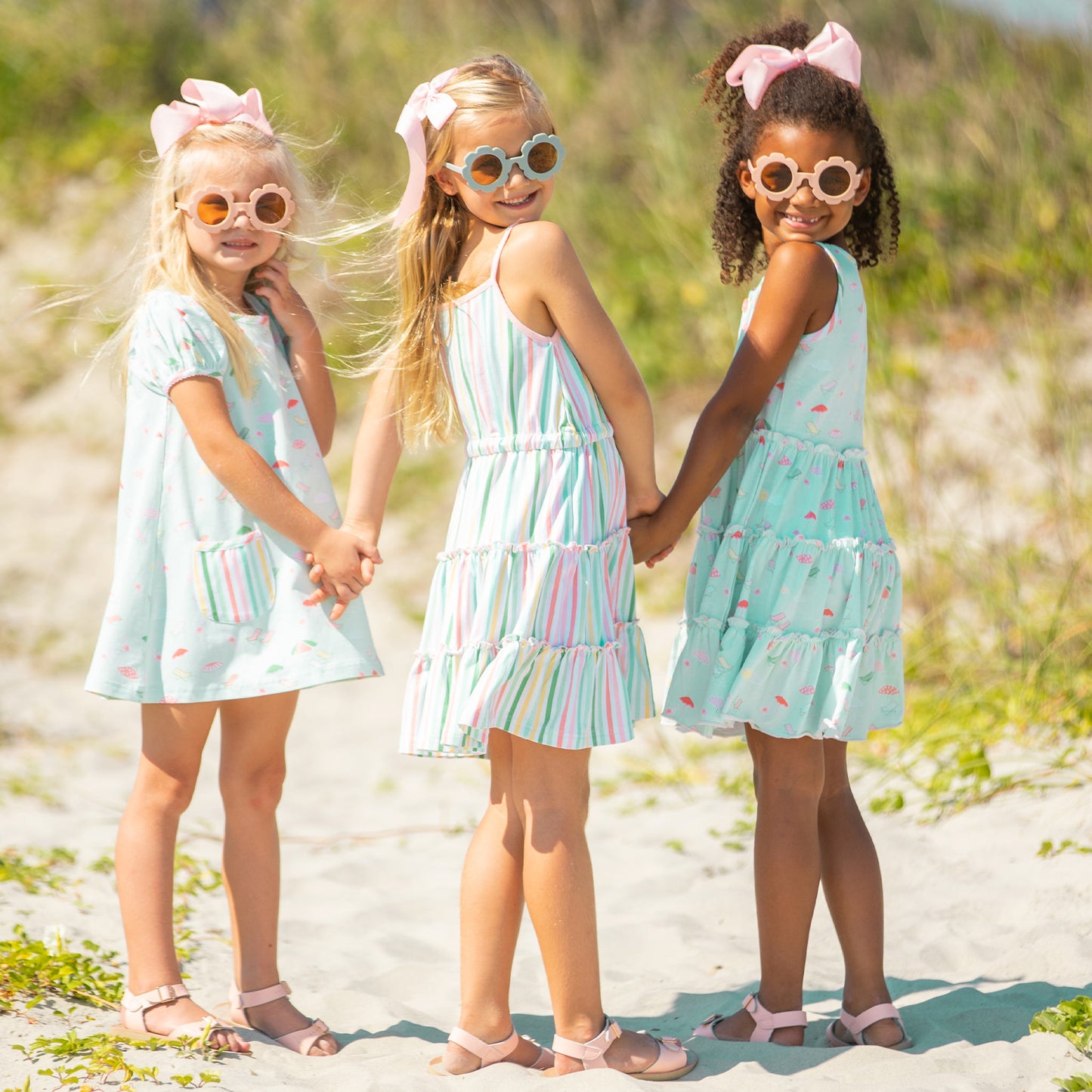 three little girls in sunglasses on the beach wearing a Beach Club Play Dress
