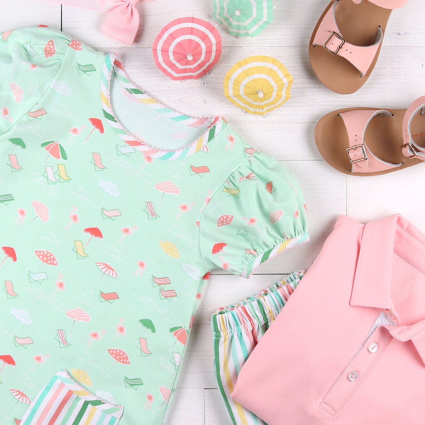 flatlay with sandals and Beach Club Play Dress