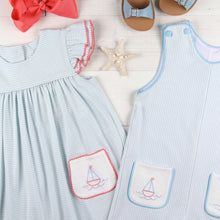 Load image into Gallery viewer, flatlay of striped dress, striped jumper, red bow and blue sandals