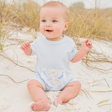 Load image into Gallery viewer, little baby sitting in the sand wearing a Colorful Whale Pima Romper