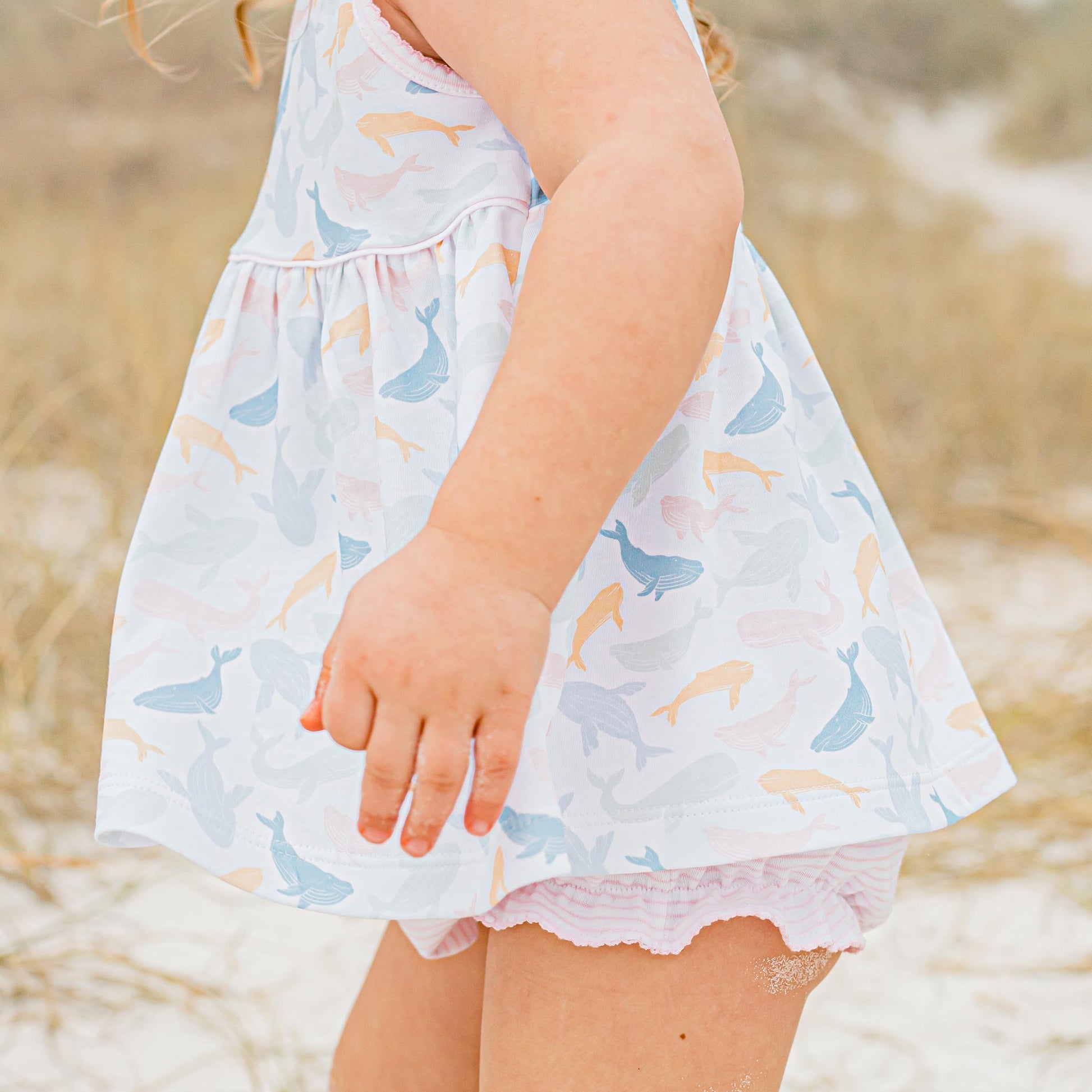 close up of Colorful Whale Pima Flowy Set
