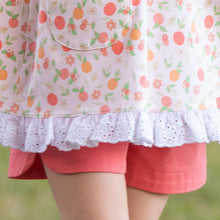 Load image into Gallery viewer, close up of a orange print shirt and Coral Twill Mary Shorts