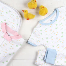 Load image into Gallery viewer, Ducky Pima Baby Blanket flatlay with stuff animal chickies