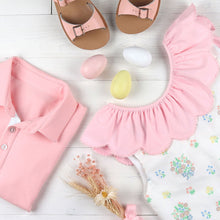 Load image into Gallery viewer, flatlay of a pink polo, pink sandals and a dress