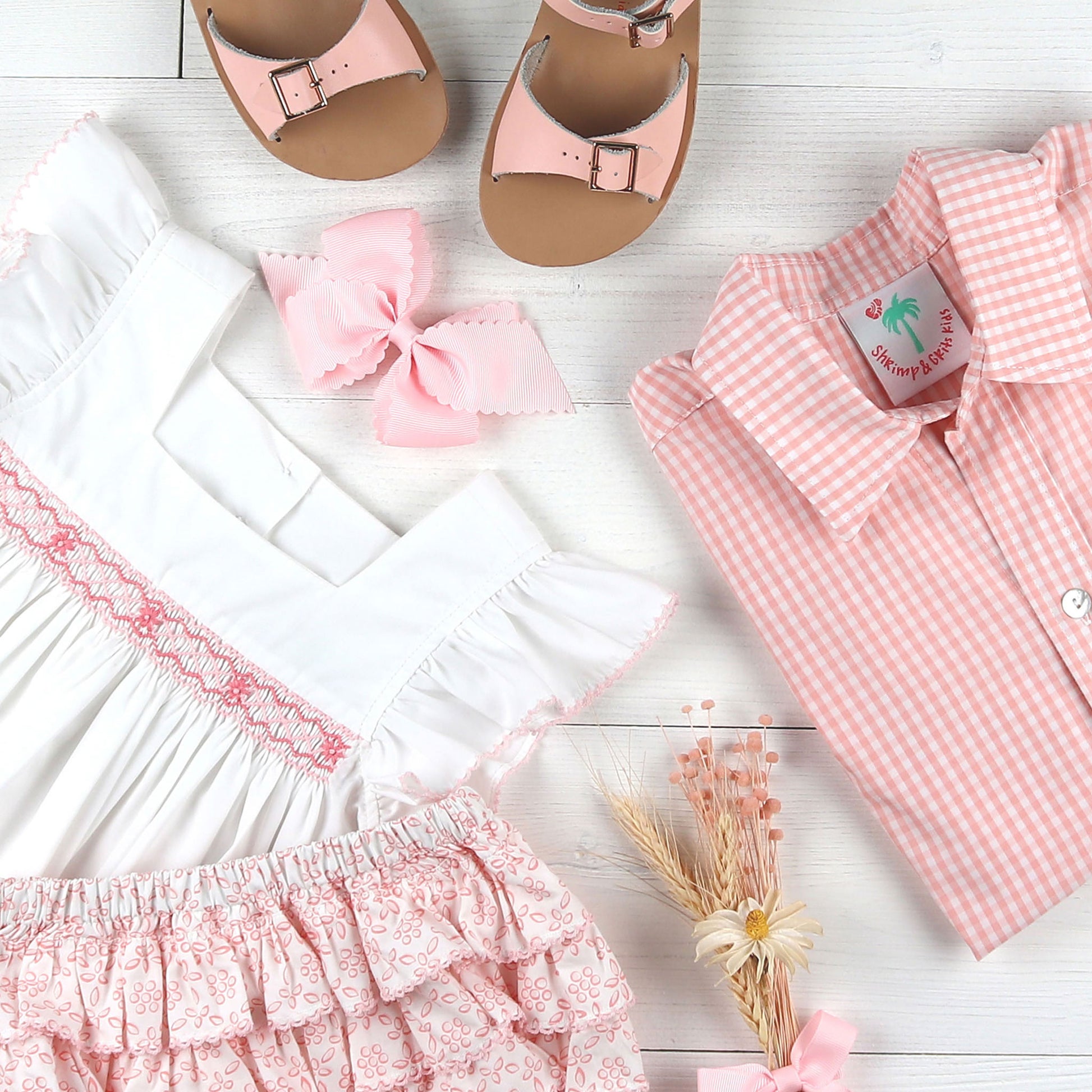 sandals, pink bow, smocked top