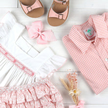 Load image into Gallery viewer, flatlay of pink gigham oxford, smocked dress and pink sandals
