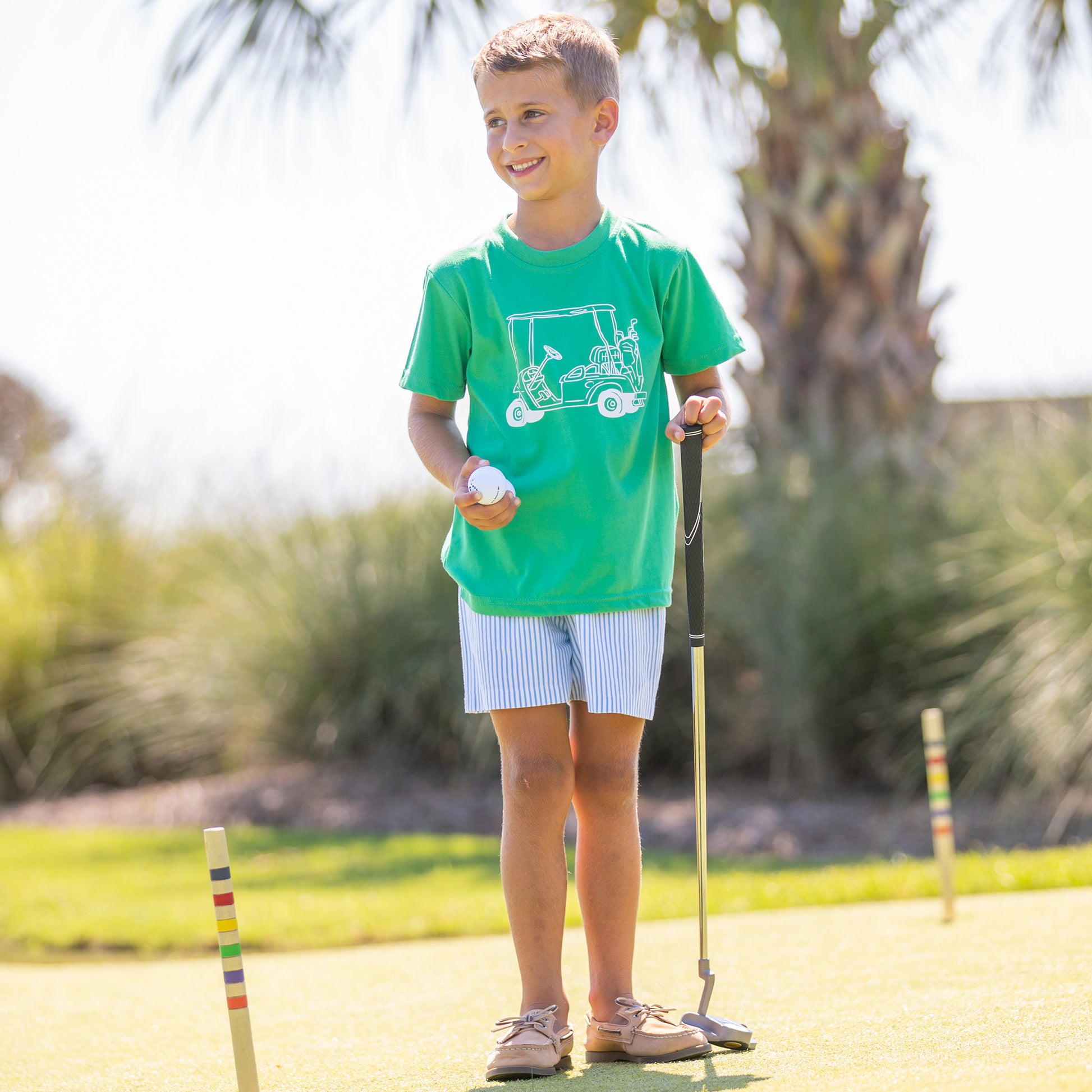 little boy wearing Bogey Free Golf Graphic T