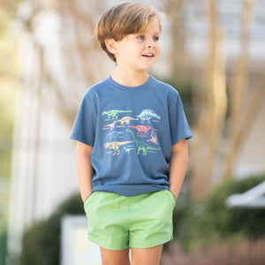 little boy smiling looking away from the camera in dinosaur shirt and green shorts