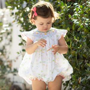 little girl wearing Lily Pad Smocked Bubble