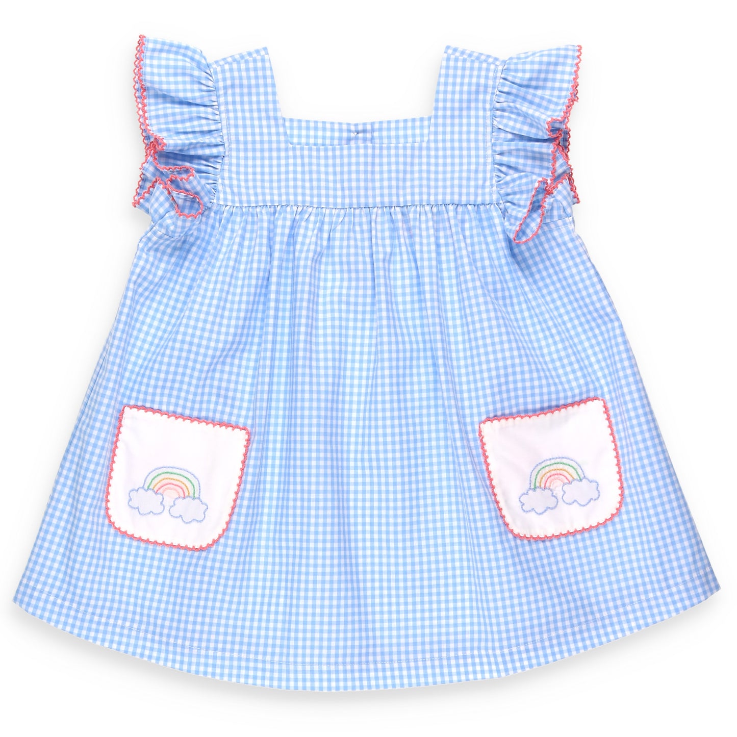 blue checked shirt with rainbow applique pockets